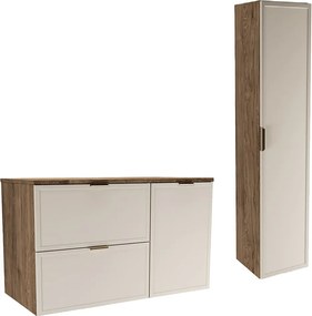 Zestaw do Łazienki 100cm Szafka z Koszem na Pranie Słupek Fronty Ramka Dąb Orzech / Kaszmir Roma