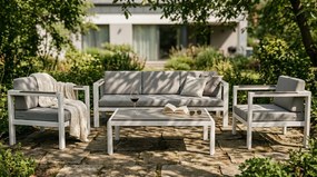 Zestaw mebli ogrodowych biały aluminium sofa fotele stolik drewniane detale