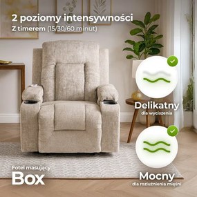 Fotel Masujący BOX Rozkładany Wypoczynkowy z Podnóżkiem Beżowy Welurowy Skandynawski