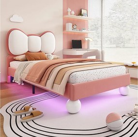 Łóżko dziecięce 90x200 cm, welur różowy, łóżko pojedyncze z tapicerowanym zagłówkiem i oświetleniem LED - bez materaca