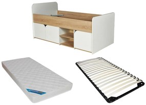 Łóżko 90 x 190 cm z ze skrzynią  - Kolor: Naturalny i biały + Stelaż + Materac - LOSTYA