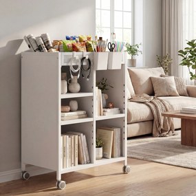 HOMCOM Regał na książki na kółkach, 4-poziomowy, regulowane półki i wiszące kosze do salonu i biura, biały | Aosom PL