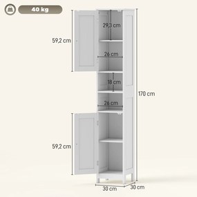 HOMCOM Wysoka smukła szafka łazienkowa z drzwiami, otwarte półki, 30 x 30 x 170 cm, Biały