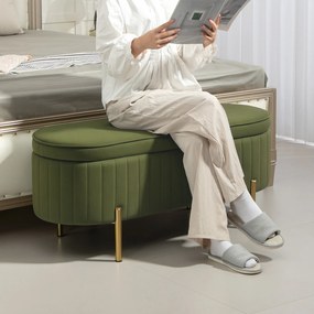 HOMCOM Ławka do przechowywania Owalna z 72L pojemności i otwieranym przykryciem w aksamicie i drewnie, 108x44x43,5 cm, Zielona