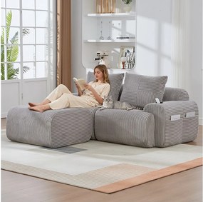 Sofa modułowa 2-osobowa - 200 x 174 x 80 cm - z 1 pufem + uchwytem na kubek + kieszenią do przechowywania - aksamit - jasnoszary