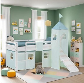 Łóżko piętrowe dla dzieci 90x200 cm białe z zasłoną w miętowym kolorze, wieża ze zjeżdżalnią i stelażem listewkowym