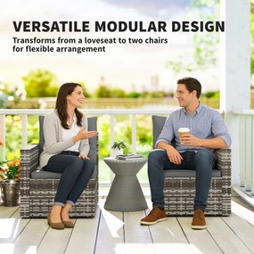 Outsunny Rattanowa sofa 2-osobowa z poduszkami, składane boczne stoliki, jasnoszary | Aosom PL