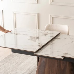 Zestaw Stół Rozkładany Ceramiczny LIZBONA 160-200 cm Biały Marmur/Orzech i 4 Krzesła Tapicerowane GRENADA Kremowe
