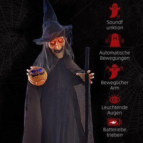 HOMCOM Dekoracja na Halloween Czarownica z miotłą, świecące oczy, straszne dźwięki, elastyczne ramiona, 107x65x190 cm