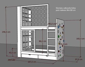 Łóżko piętrowe Marulla 113P z drabinką, ścianką wspinaczkową i panelami sznurkowymi