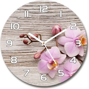 Zegar szklany okrągły Orchidea na drewnie