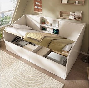 Sofa dziecięca rozkładana - 90 x 190 cm - z hydraulicznym schowkiem + 2 półki + USB/Typ-C - drewno - biała