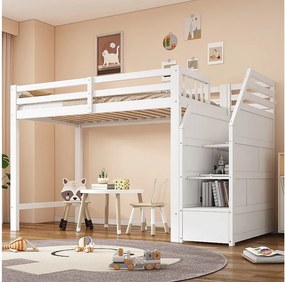 Łóżko piętrowe 90 x 200 cm z barierkami zabezpieczającymi, 2 przegrodami i wolną przestrzenią - Sosna + MDF - Białe (bez materaca)