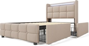 Łóżko dziecięce tapicerowane 90 x 200 cm z 2 szufladami - USB + LED - tkanina lniana - beż