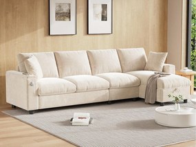 Nowoczesna narożna kanapa w kształcie litery L - z 2 uchwytami na kubki - 1 port USB i 1 port Type-C - z 2 podłokietnikami z schowkiem - Tkanina z weluru - Beżowy