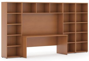 Biblioteka INTEGRO z wbudowanym biurkiem, niska/szeroka, 3350x700/400x1920 mm, czereśnia