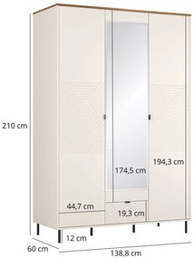 Nowoczesna szafa trzydrzwiowa z lustrem kaszmir + dąb castello C3-L26
