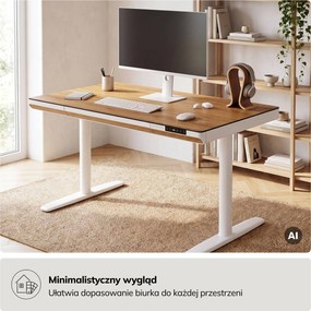 Biurko elektryczne sit-stand z szufladą i ładowarką bezprzewodową Qi białe/złoty dąb, 1200 mm: ELLIS