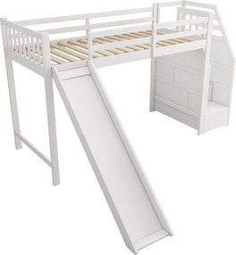 Łóżko mezzanine 90x200cm z drewna sosnowego - z zjeżdżalnią i drabiną do przechowywania - Białe