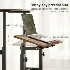 HOMCOM Biurko regulowane wysokości z półką, kółkami, biurko komputerowe Rustykalny-Brąz 60 x 60 x 70,5-120 cm
