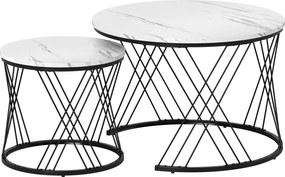 HOMCOM Okrągłe stoły kawowe w zestawie 2 szt., marmurowa powierzchnia, płyta wiórowa, metal, łatwość w przechowywaniu, Biały