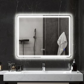 HOMCOM Lustro łazienkowe z oświetleniem LED, funkcją przeciwmgielną, 3 regulowanymi kolorami światła, zegarem, 700 x 900 mm, Srebrne