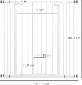 PawHut Bramka dla psów, podwójne ryglowanie, samoczynnie zamykane drzwi, 104 cm wysokości, stal, biały