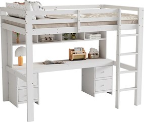 Łóżko mezzanine 90x200cm - z biurkiem i 2 komodami - z litego sosnowego drewna i MDF - Białe