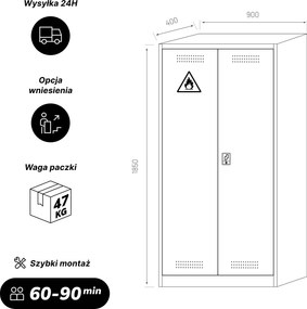 Szafa na chemikalia z wentylacją i tacami ociekowymi szaro-żółta, 900x1850x400 mm: MARIA