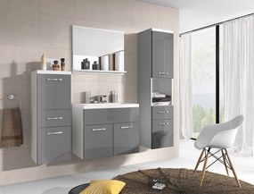 Nowoczesne meble łazienkowe, wiszący zestaw z umywalką, lustrem i słupkami, korpus biały mat / fronty szary połysk