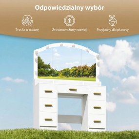 HOMCOM Toaletka z 10 lampami LED w stylu Hollywood, lustro, 7 szuflad, 3 przegrody, MDF, biała