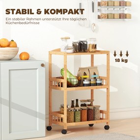 HOMCOM Wózek kuchenny na kółkach z 3 poziomami, wózek serwisowy z miejscem do przechowywania, regał kuchenny na kółkach, do kuchni, łazienki, biura, naturalne drewno | Aosom PL