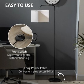 HOMCOM Lampa Stojąca z Przełącznikiem Nożnym, Podłogowa z Abażurem z Tkaniny, Stal, Biała