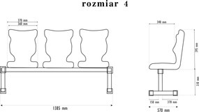 Zestaw siedziskowy - ławka korytarzowa szkolna Bench 3-osobowa, rozmiar 4-6, podstawa czarna