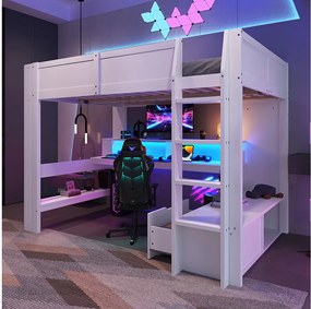 Łóżko piętrowe dla dzieci - 140 x 200 cm - z biurkiem + oświetlenie LED + 1 szuflada + półki - sosna - białe