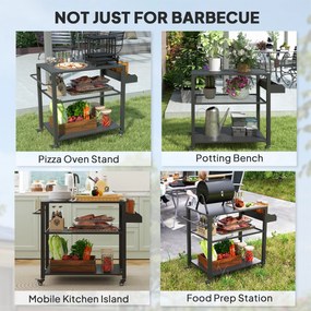 Outsunny Wyspa Kuchenna na Zewnątrz, Wózek Grillowy z Półką na Zapasy, Uchwytem, 4 Kołami, Wózek Kuchenny, Taras, Ogród, Metal, Czarny