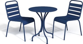 Jadalnia ogrodowa z metalu – stół o średnicy 60 cm i 2 sztaplowane krzesła w kolorze granatowym MIRMANDE