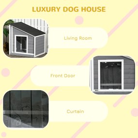 PawHut Domek dla psa z drewna sosnowego, odporny na warunki atmosferyczne, dach asfaltowy, 71 cm x 58 cm x 77 cm, Szary + Biały