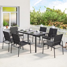 Outsunny Zestaw mebli ogrodowych komplet wypoczynkowy 150 x 80 cm stół z 6 oddychającymi krzesłami wygląd drewna stalowy stelaż Czarny | Aosom PL