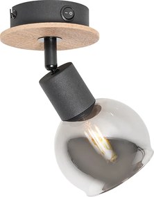 Reflektor art deco czarny z przydymionym szkłem i drewnem - Vidro