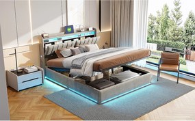 Łóżko Skrzyniowe 140x190 Szare Pikowane z LED RGB, Portami USB, Hydrauliczny Schowek i Zagłówkiem z Półkami – Styl Nowoczesny