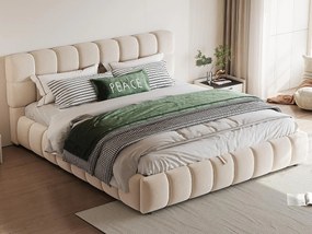 Tapicerowane łóżko z pojemnikiem 140×190 cm - Podwójne łóżko - Aksamit - Beżowe (materac nie jest zawarty)