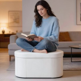 HOMCOM Ławka ze schowkiem, składana pufa tapicerowana z efektem aksamitu do salonu 76 x 38 x 35 cm krem | Aosom PL