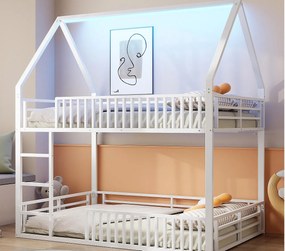 Łóżko piętrowe dla dzieci 140×200 cm - design w kształcie domku - z barierką i oświetleniem LED - białe (bez materaca)