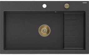 Mexen Omar zlewozmywak granitowy 1-komorowy 800 x 480 mm, czarny nakrapiany, syfon złoty - 6520801005-76-G