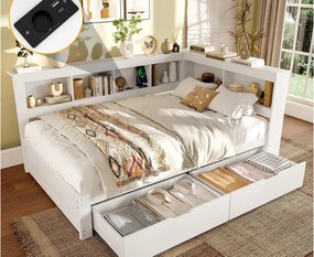 Sofa rozkładana 140x200 cm - z 2 szufladami - z gniazdkiem + 2 USB - z listwowym stelażem - biały (materac nie jest w zestawie)