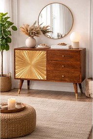 Artisan Furniture Kredens Munnilun Gold, lite drewno, czekoladowo-brązowy i złoty, 3 szuflady i 1 szafka