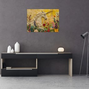 Obraz na szkle - Jednorożec z kwiatami (70x50 cm)