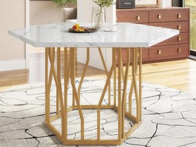 Nowoczesny sześciokątny stół jadalniany - metalowa podstawa - blat z marmurowym wzorem - biały i złoty