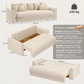 HOMCOM Sofa rozkładana 190x150 cm 3-osobowa z funkcją spania, poduszki, schowek, wygląd sztruksu do salonu, beżowa | Aosom PL
